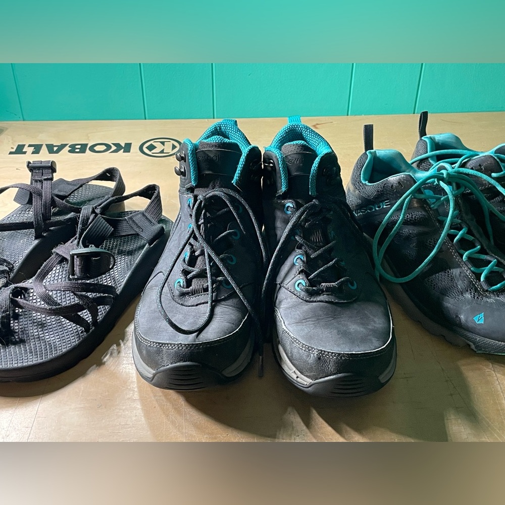 3 pairs of women’s hiking shoes in size 9.5. Vasque, New Balance, Chacos